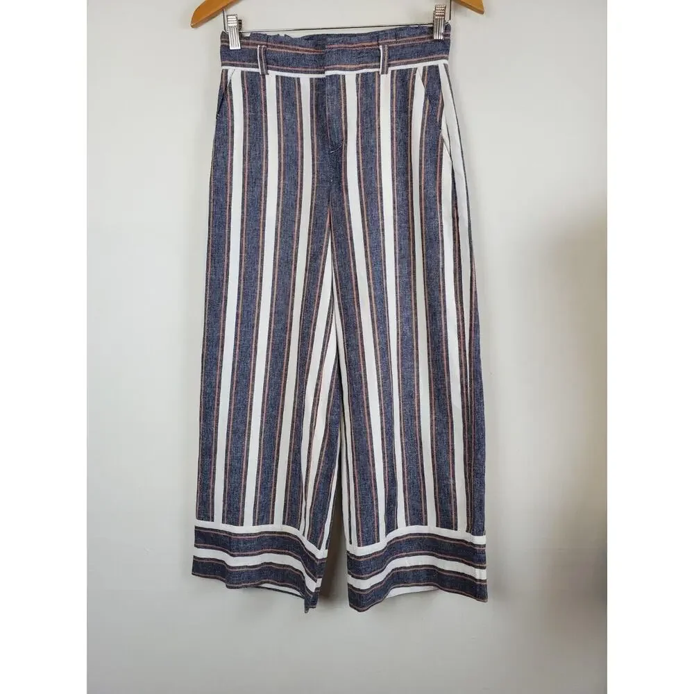 Banana Republic 0 Women LINEN Pants‎ Wide Leg Crop High Rise Striped Blue